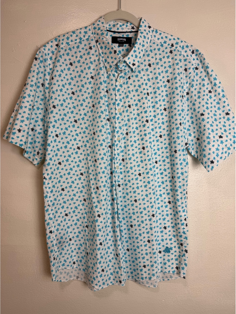 Vilebrequin Men’s XXXL White Turquoise Turtle Print Short Sleeve Cotton Shirt